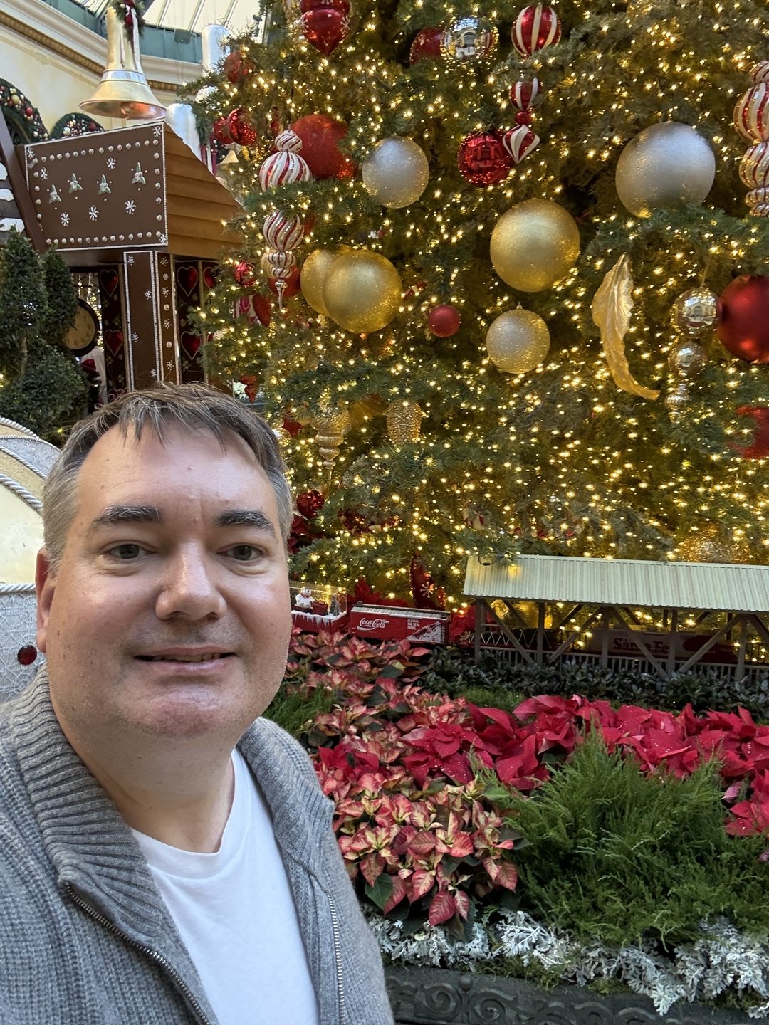Raymond at the Bellagio in Las Vegas in front of a massive holiday Christmas tree and gingerbread display.