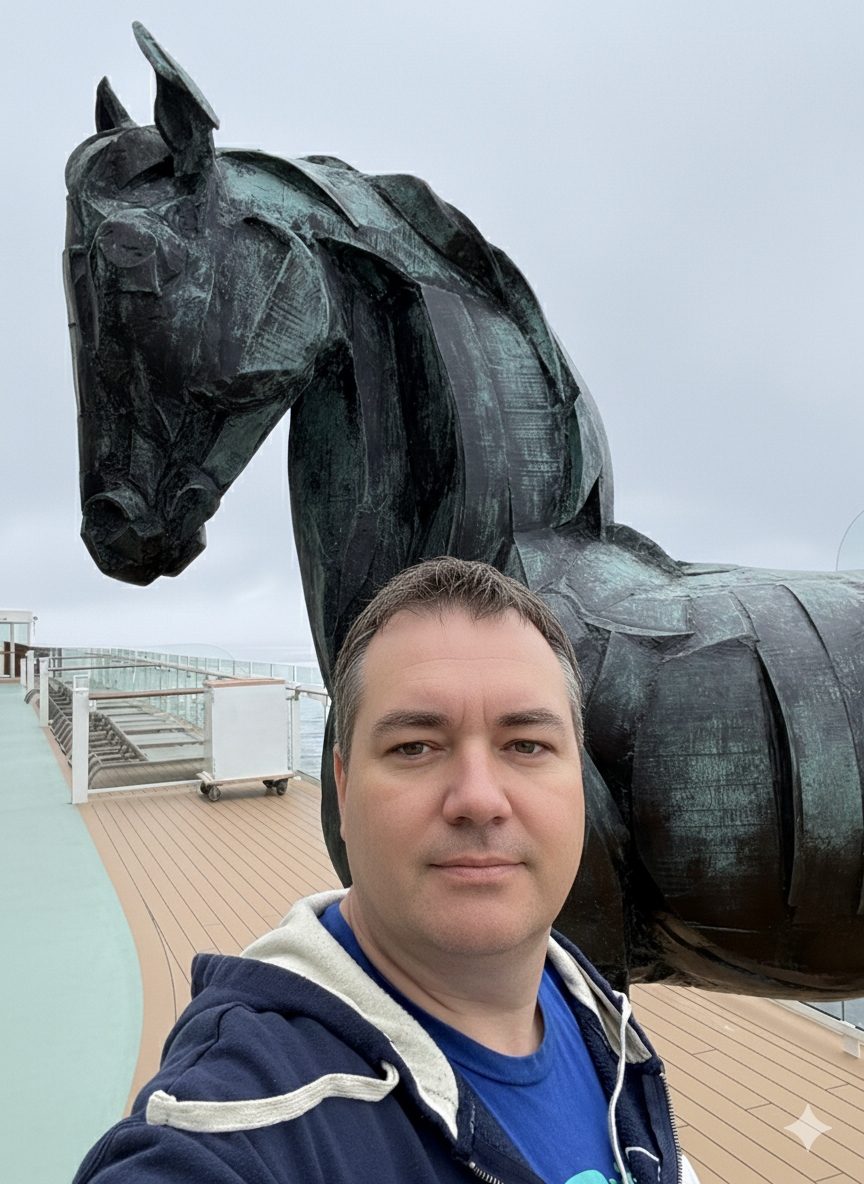 Raymond standing beside a large bronze horse sculpture on a cruise ship deck.