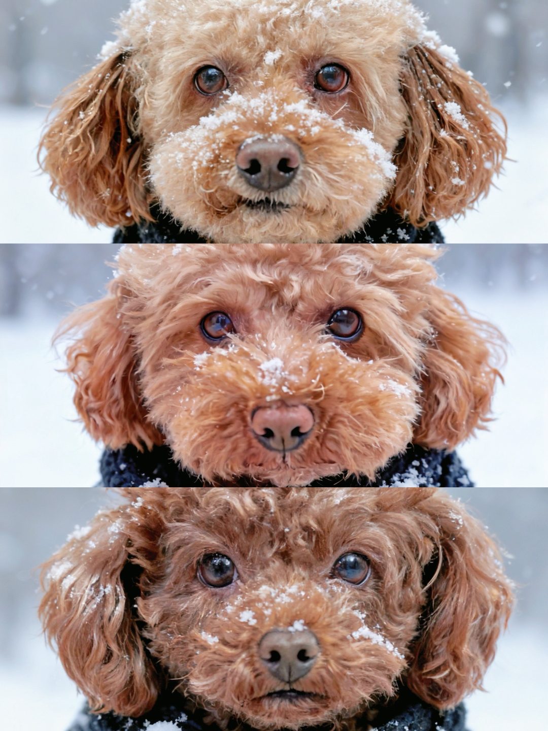 Triptych close-up portrait of three poodles, one apricot, two red, with snow on their faces.
