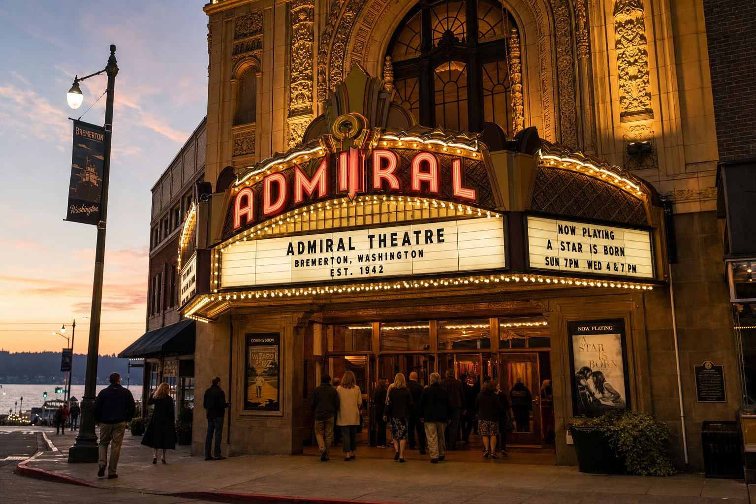 The Admiral Theatre in Bremerton, a classic ornate movie palace with glowing marquee at dusk