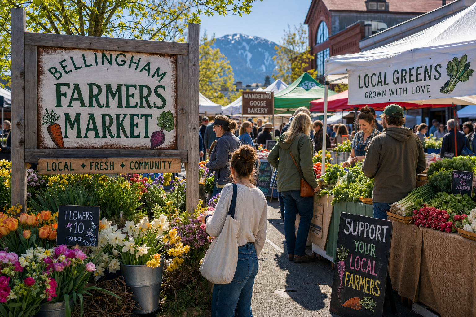 Outdoor farmers market with fresh produce and flowers on a bright Pacific Northwest morning