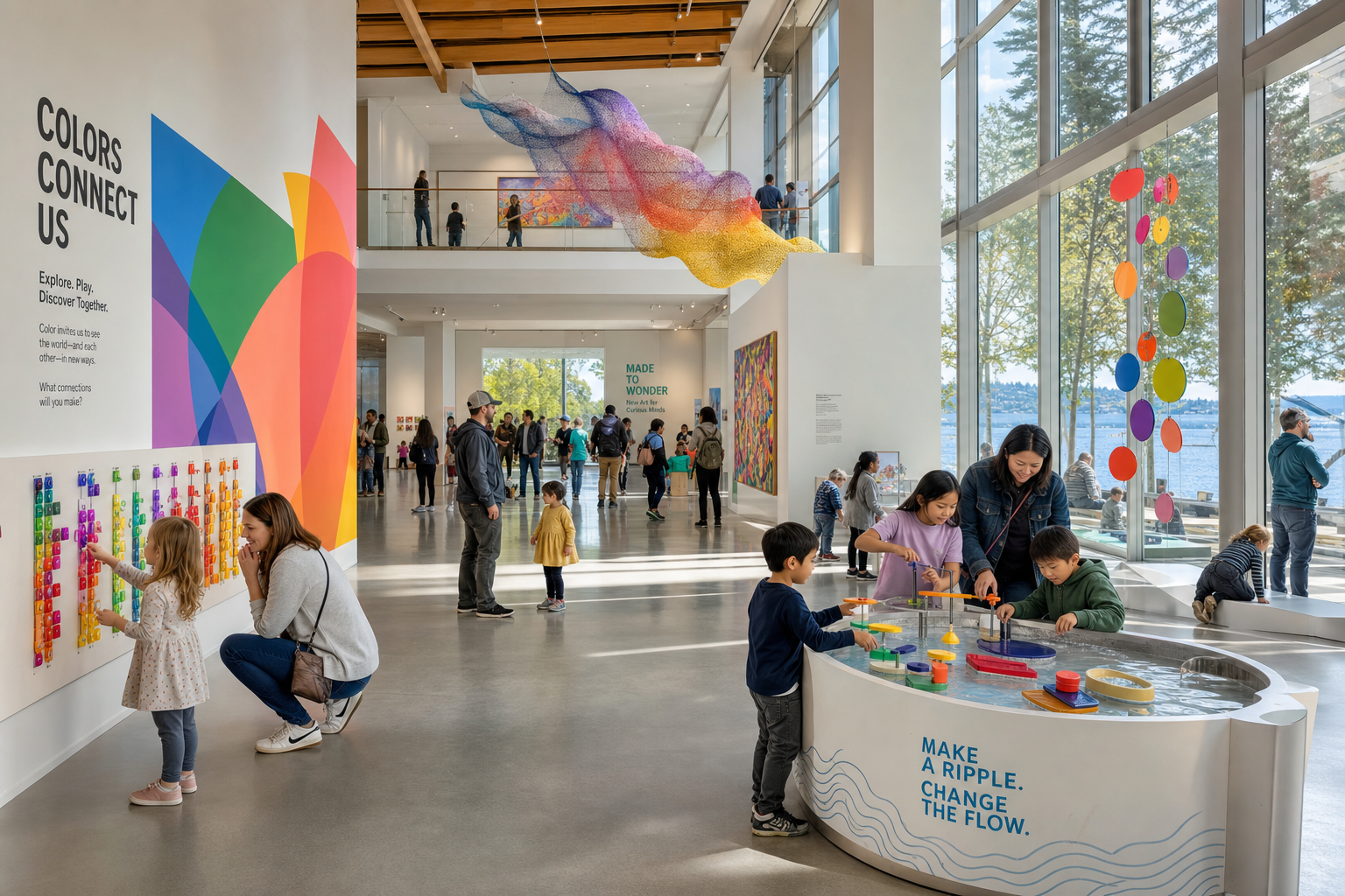 Families with children exploring interactive art exhibitions in a bright modern museum gallery