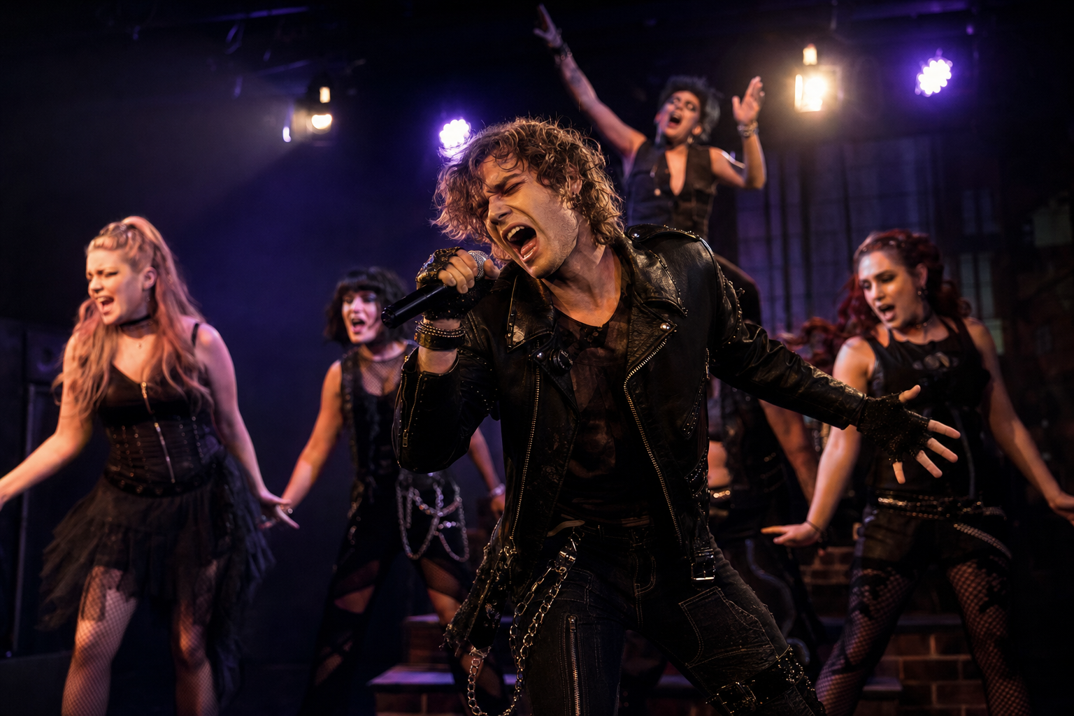 Rock musical performers on a dramatically lit stage, raw energy and emotion