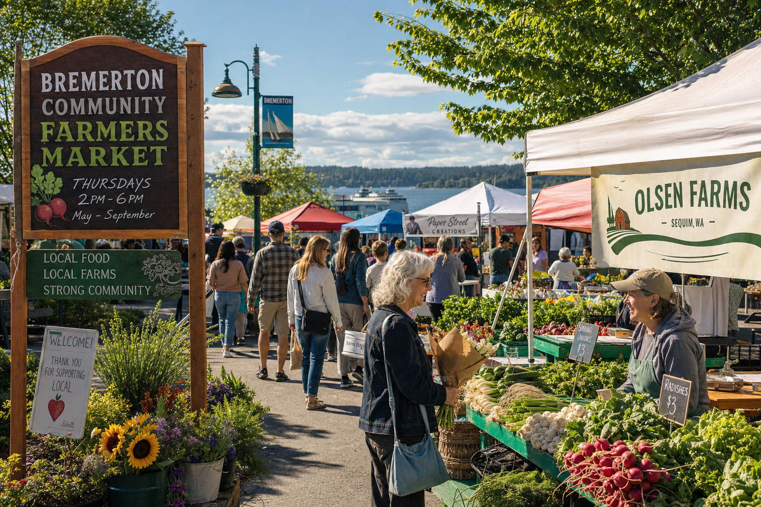 Bremerton Community Farmers Market at Evergreen Rotary Park with ferry visible and local vendors
