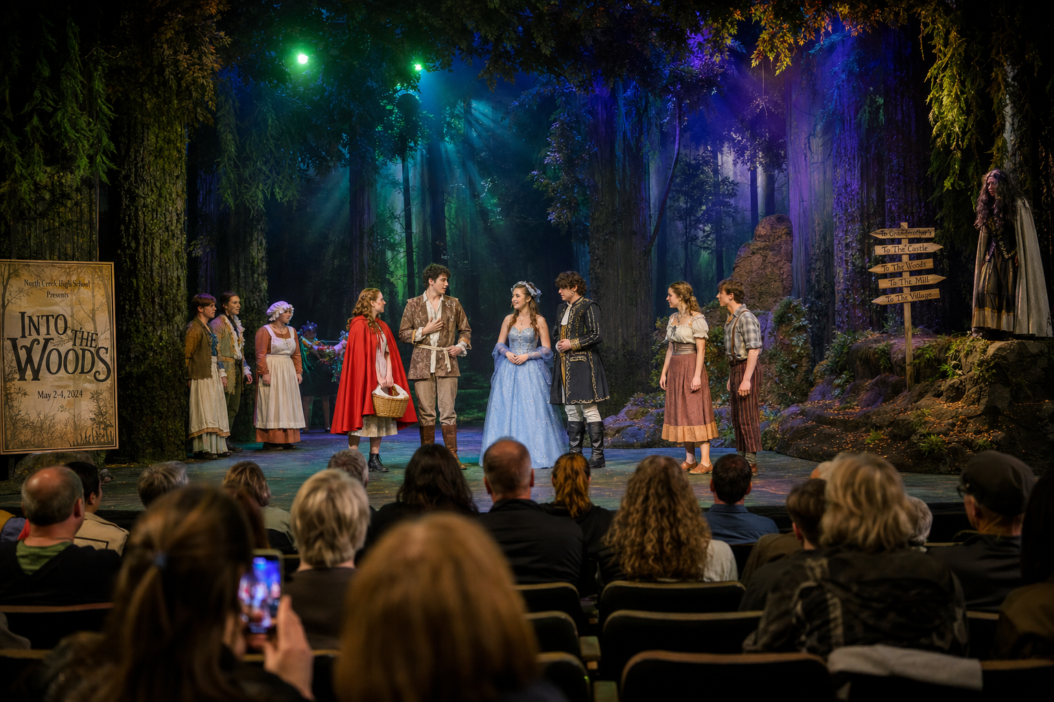 High school musical Into the Woods with elaborate fairy-tale forest set and costumed cast