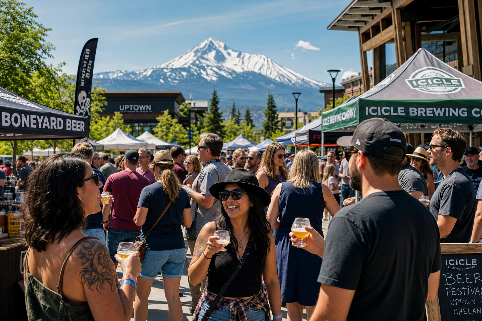 Outdoor craft beer festival with mountain backdrop, people sampling local brews under festival tents