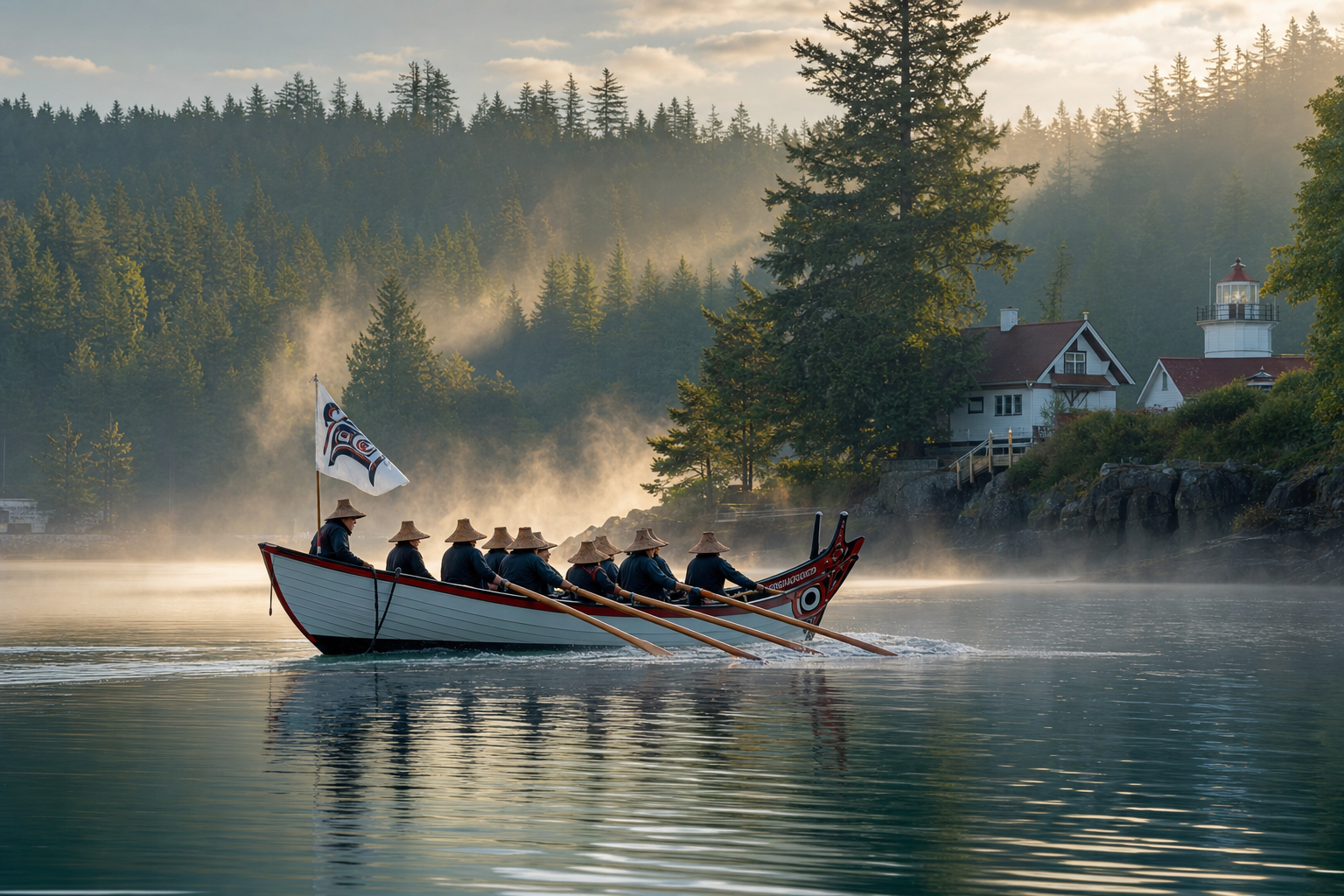 Historic wooden rowing gig on a Pacific Northwest harbor at misty dawn, maritime heritage