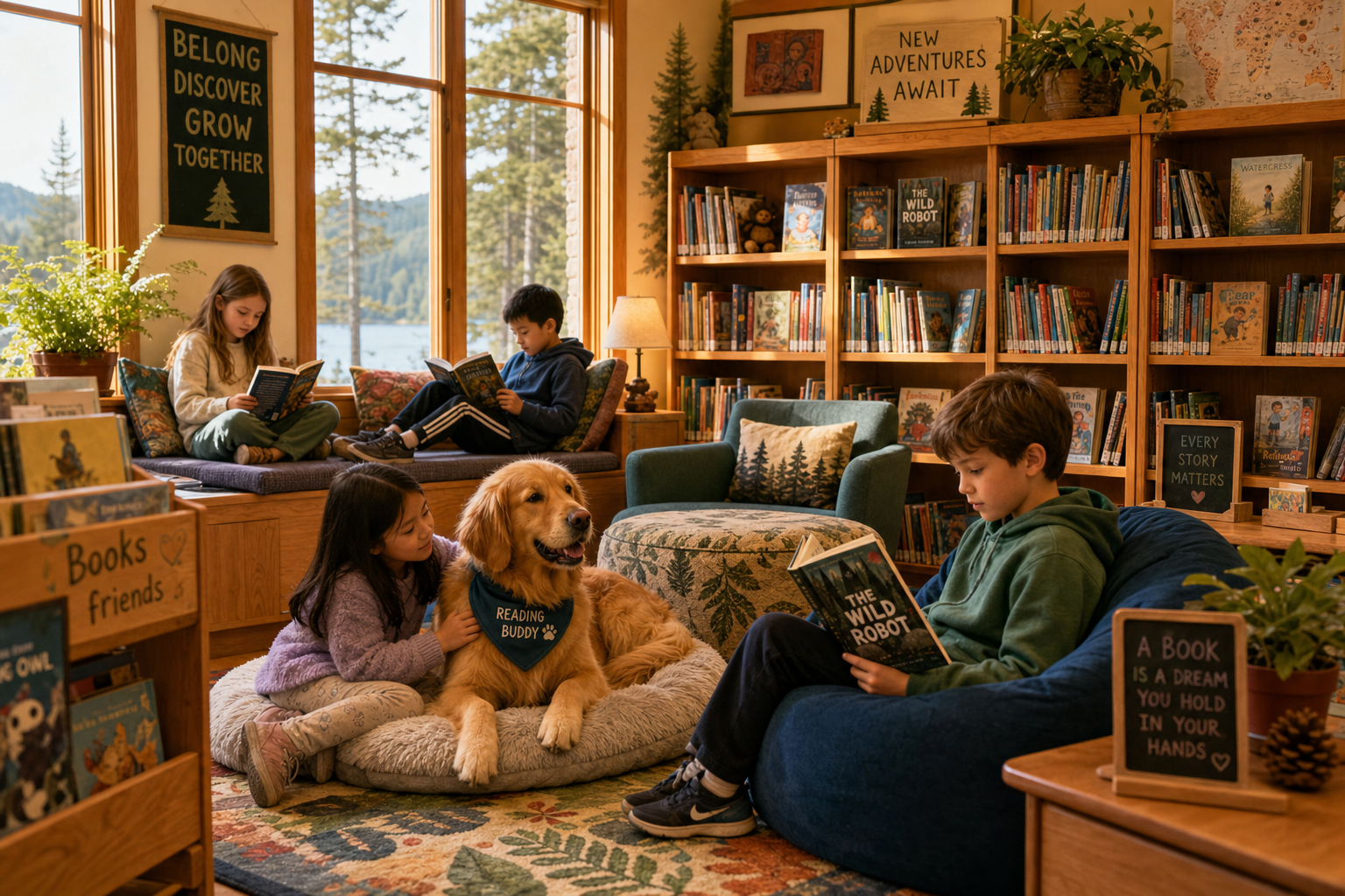Children reading in a cozy Pacific Northwest library with a friendly therapy dog