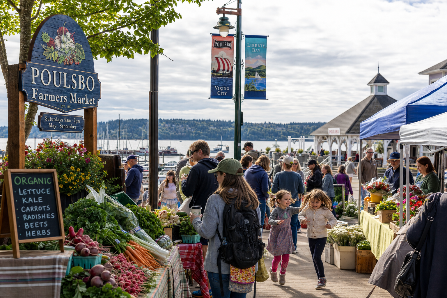 Poulsbo Farmers Market along Liberty Bay waterfront with local vendors and families on a spring morning