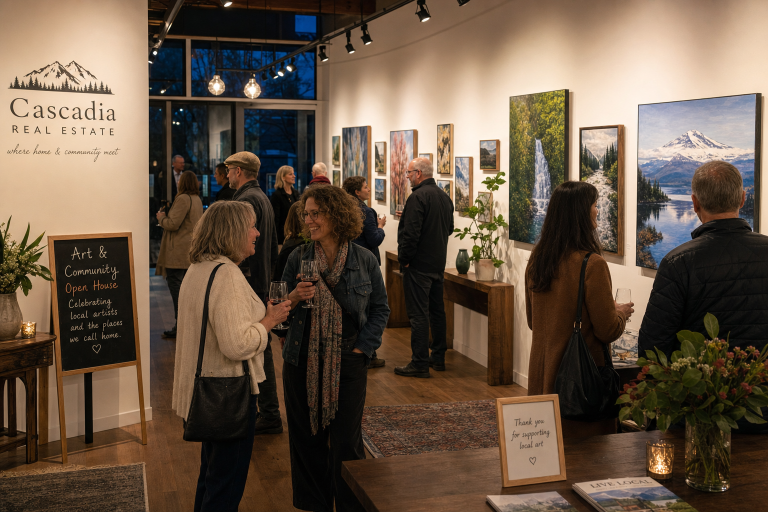 Gallery-style art walk at a real estate office, guests mingling with wine among local artworks