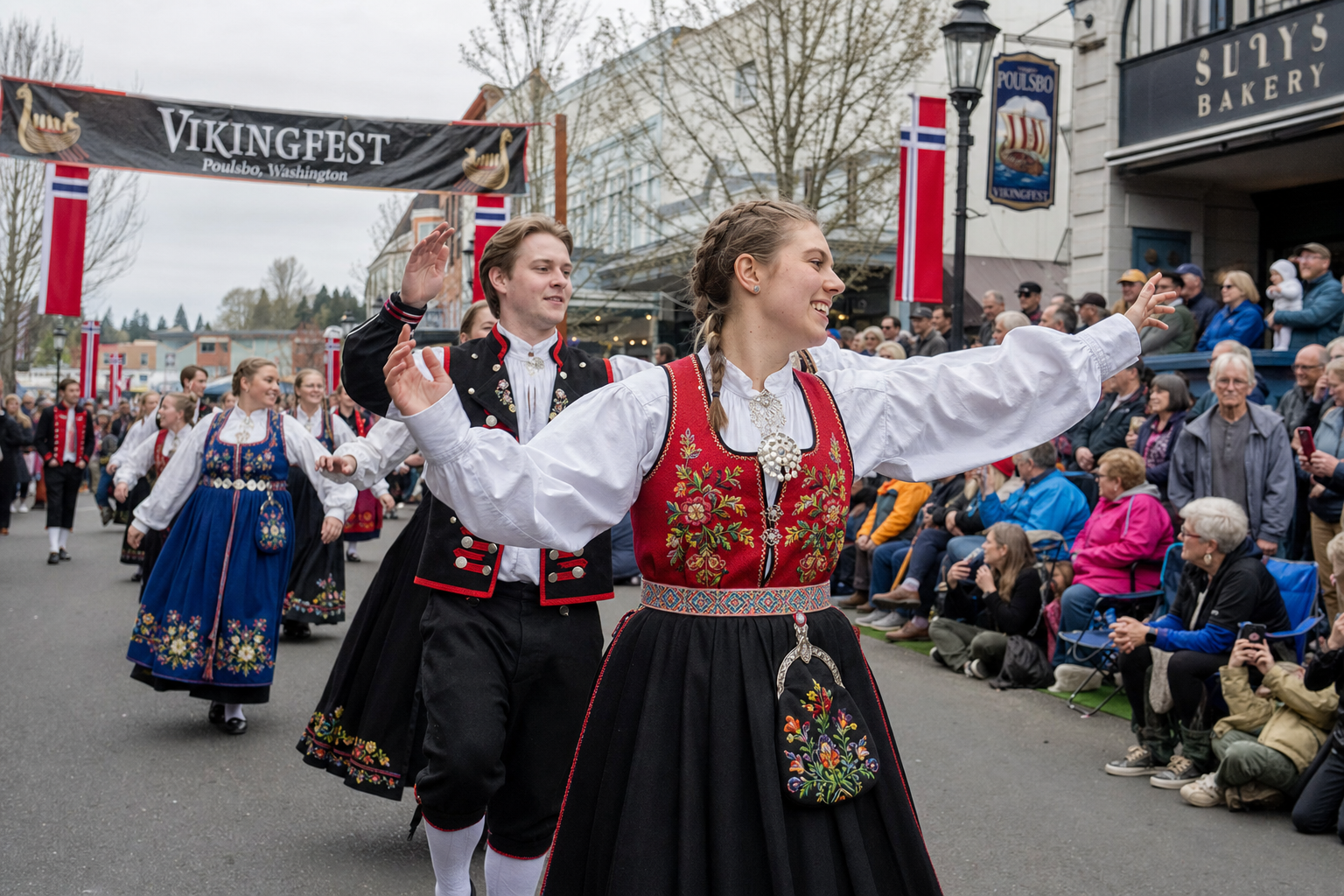 Traditional Norwegian folk dancers in colorful costumes performing during Viking Fest parade in Poulsbo