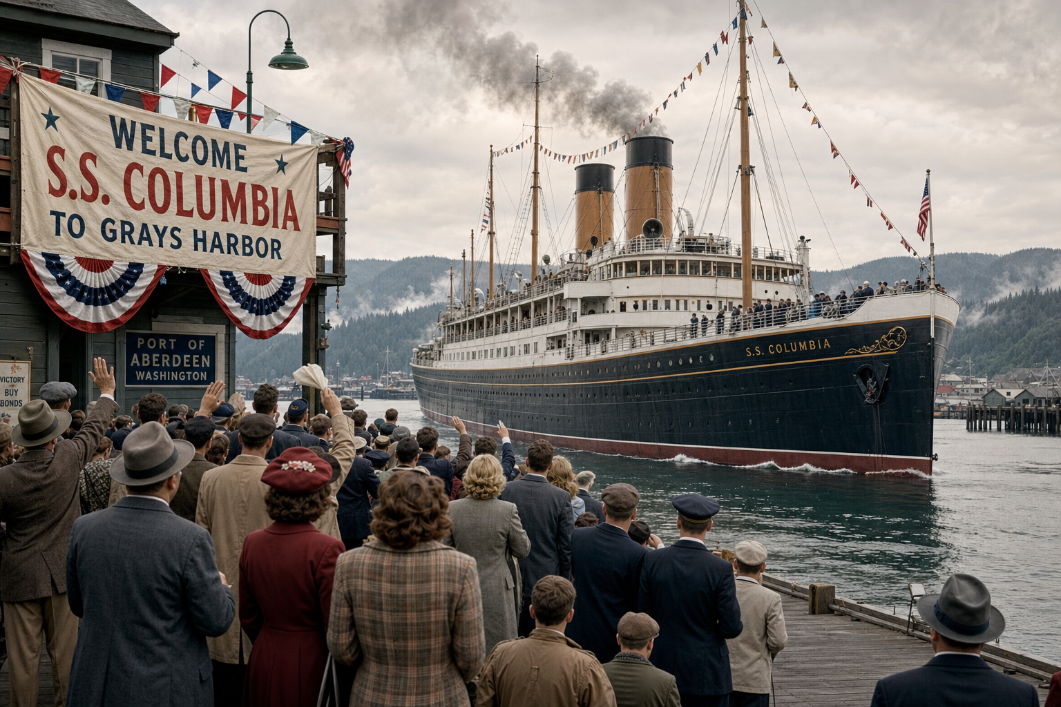 Historic steamship arriving to a Pacific Northwest harbor with crowds gathered on the dock to welcome it