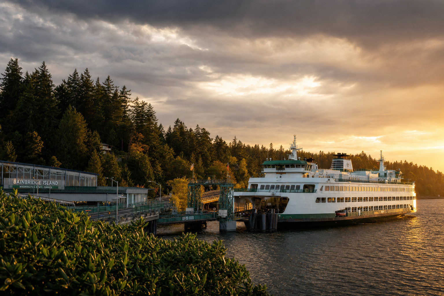 Bainbridge Island ferry terminal at golden hour with Puget Sound and evergreen forest