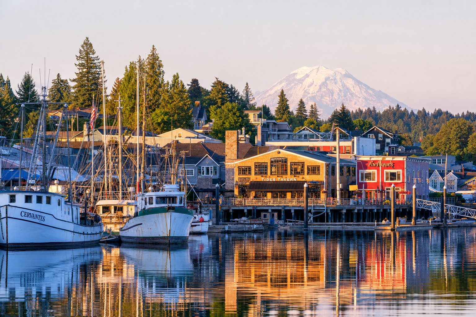 Gig Harbor waterfront with historic fishing boats and Mount Rainier rising above the harbor at golden hour