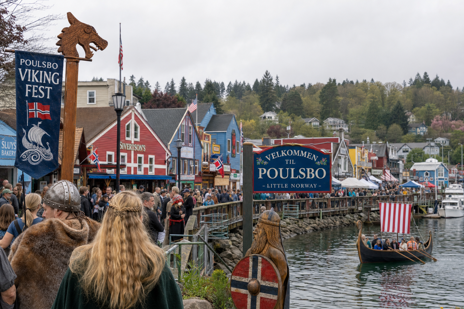 Poulsbo waterfront with Viking festival atmosphere and Nordic heritage storefronts along Liberty Bay